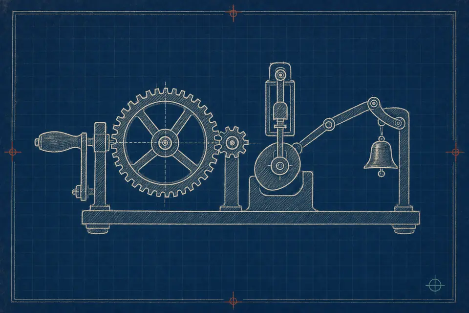 Cyanotype drawing of a crank driving gears, a cam, linkage, lever and bell